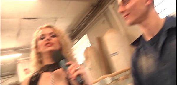  Two horny pornstars surprised working guy right in the warehouse, enjoy horny threesome